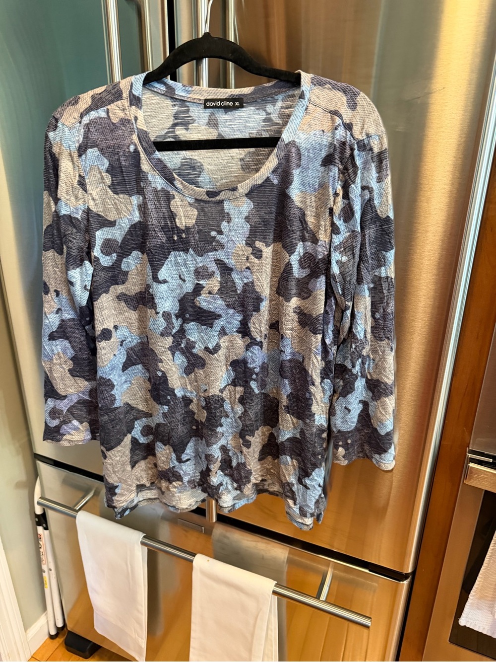 David Cline Blue and Gray Camouflage Long Sleeve Scoop Neck Top